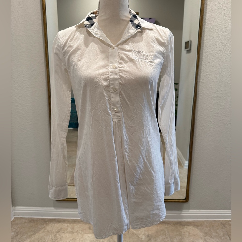 Burberry Brit White Button-Up Shirt with Burberry Checkered Collar and Cuffs